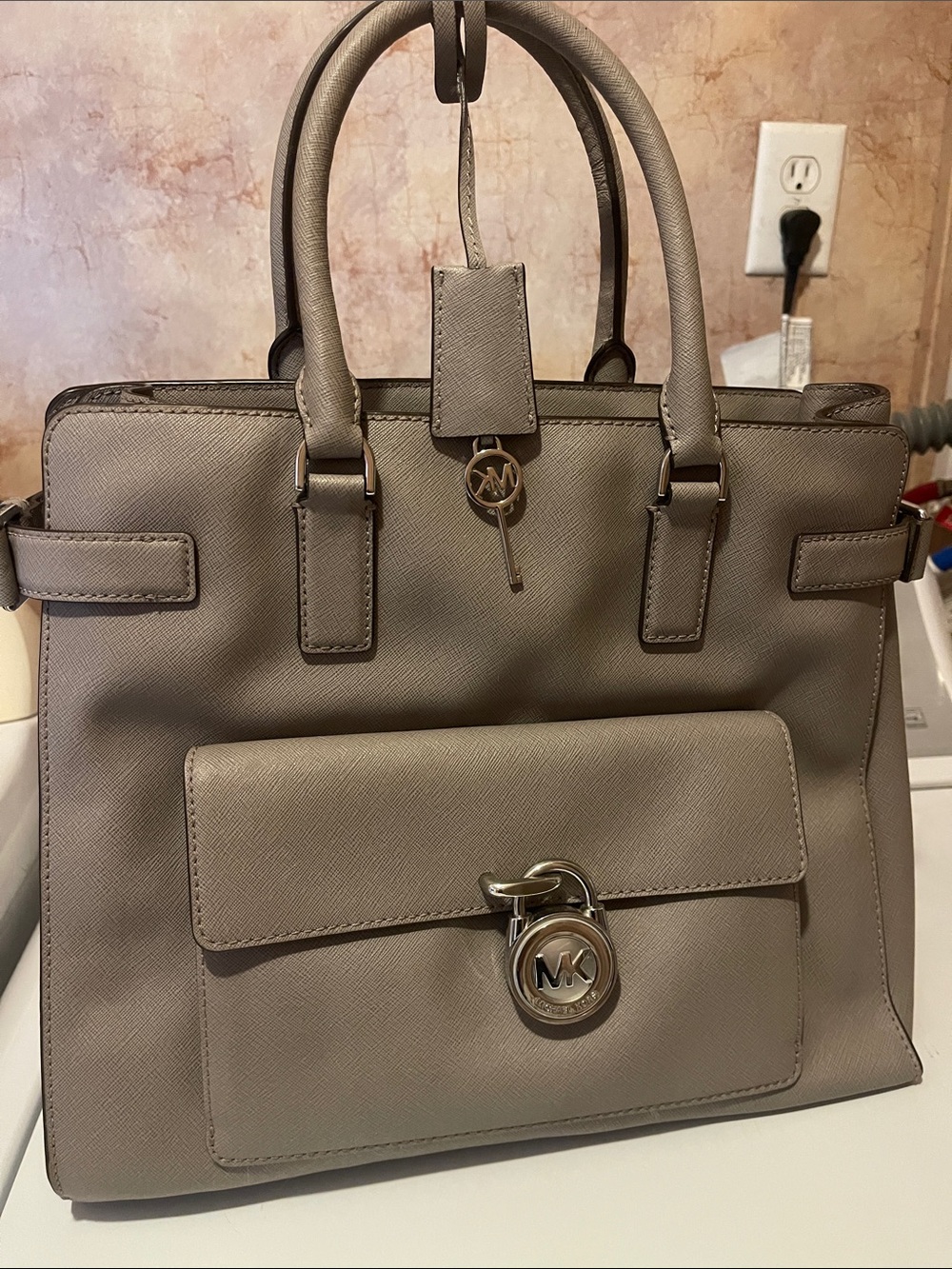 Michael Kors Taupe Saffiano Leather Satchel with Gold Tone Hardware